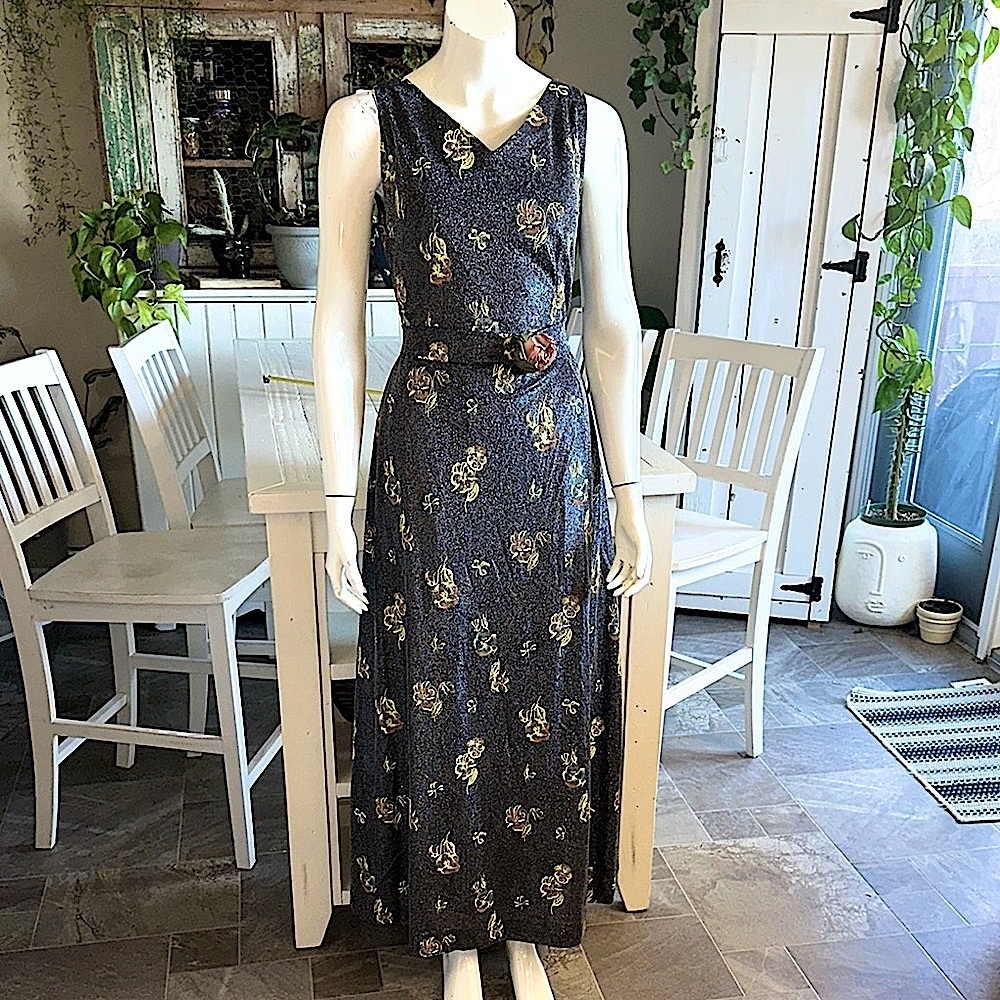 Vintage 70s metallic Sleeveless Maxi Dress - Black silver fleck floral baroque